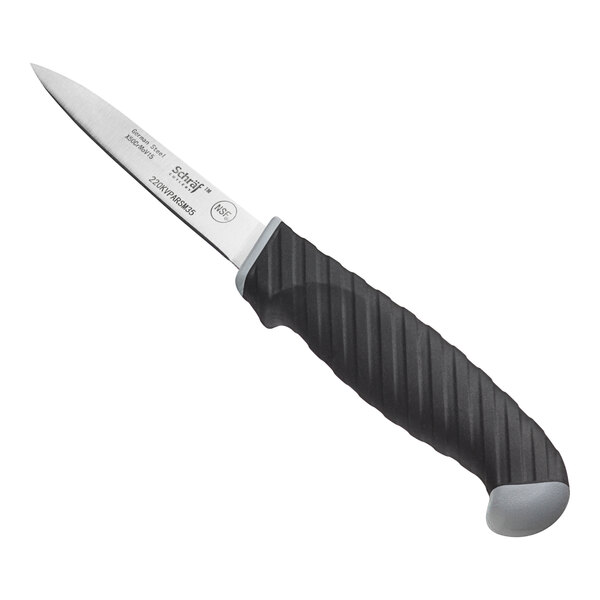 A Schraf paring knife with a black handle and silver blade.