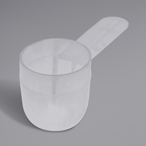 a plastic measuring cup with a handle