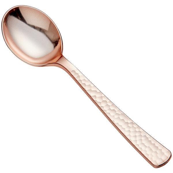 A close-up of a Visions rose gold plastic soup spoon with a silver bowl.