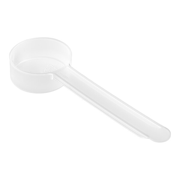 A white 13 cc polypropylene scoop with a long handle.
