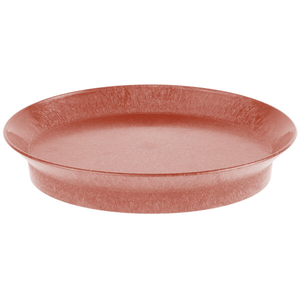 A red oval polypropylene deli server with a rim.