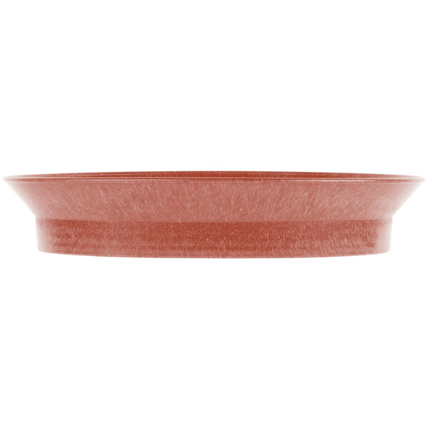 A red oval bowl with a white border.