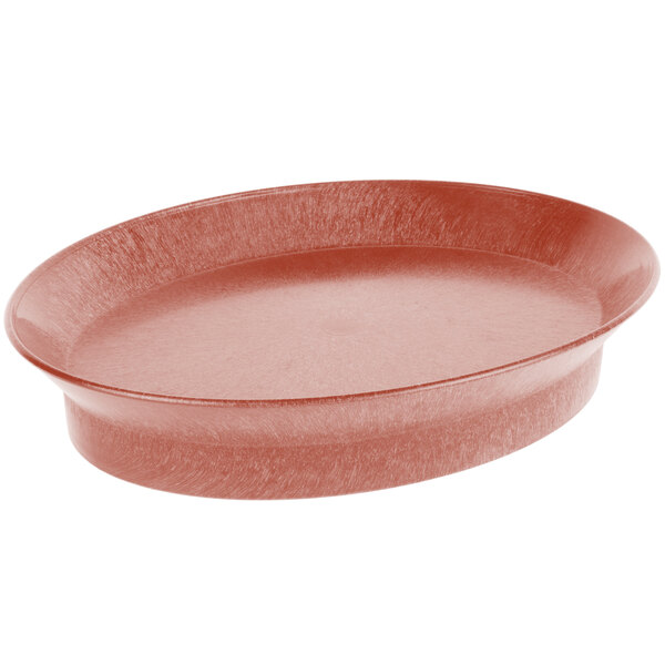 An oval paprika polypropylene deli server with a lid.