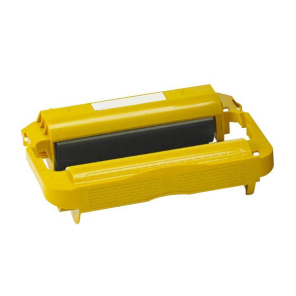 A yellow cartridge for a Zebra barcode printer.