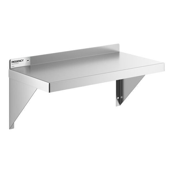 A stainless steel solid wall shelf with triangular support brackets.