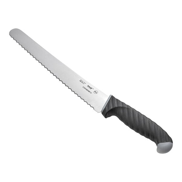 A Schraf bread knife with a black handle and silver serrated blade.