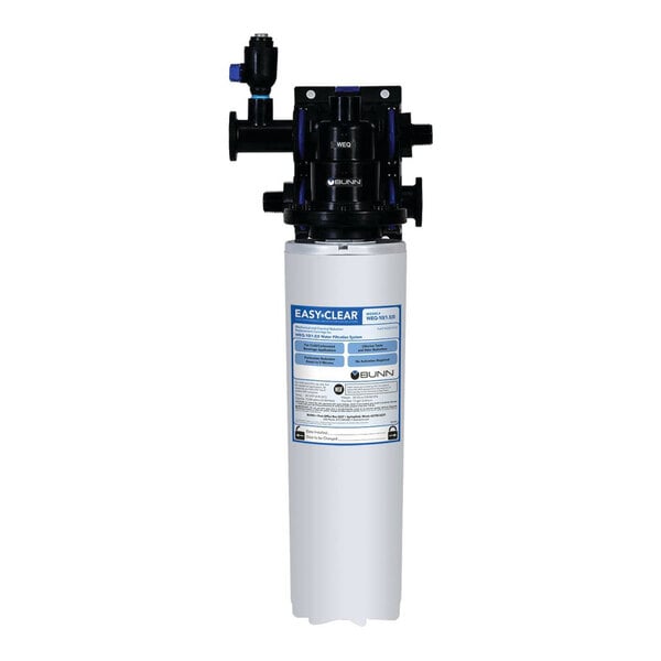 A white water filter with a blue and black label.
