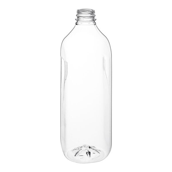 A clear plastic square milk bottle with a white lid.