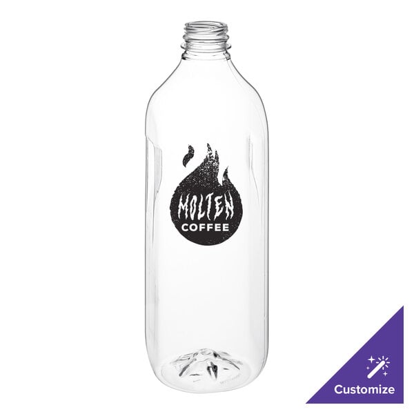 A clear plastic square Milkman bottle with a logo on it.