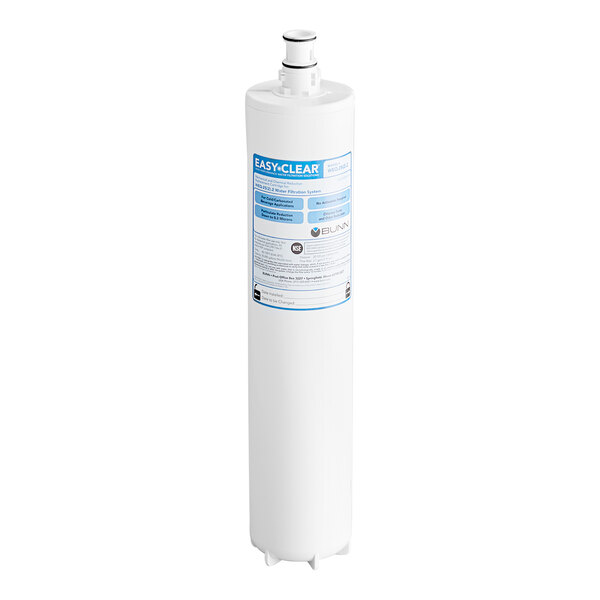 A white water filtration cartridge for a Bunn water filter with a blue label.