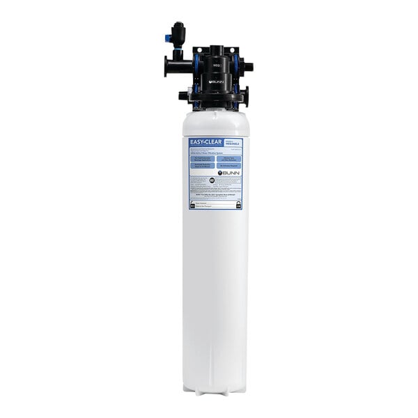 A white rectangular Bunn water filtration system with blue and black valves.