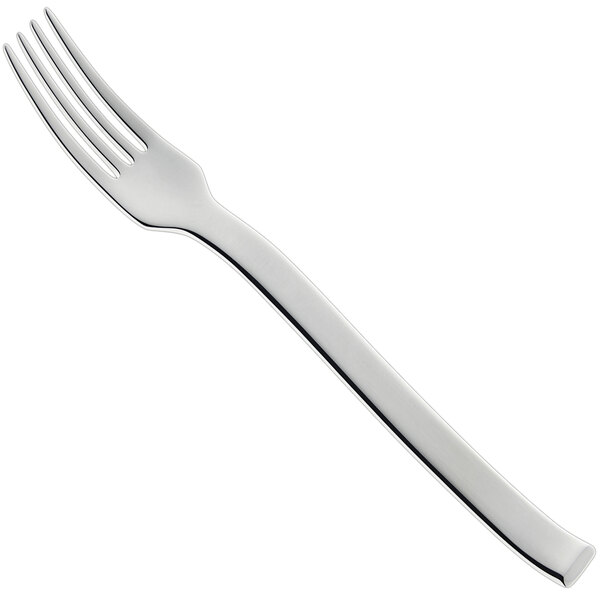 A RAK Porcelain Massilia dinner fork with a white handle and stainless steel tines.