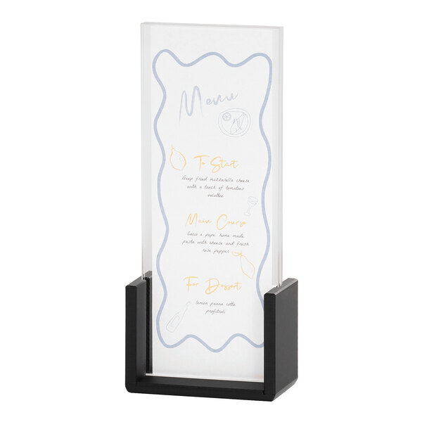 A black Cal-Mil U-Frame Displayette with white text on it.