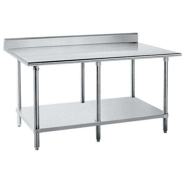 A stainless steel Advance Tabco work table with undershelf and backsplash.