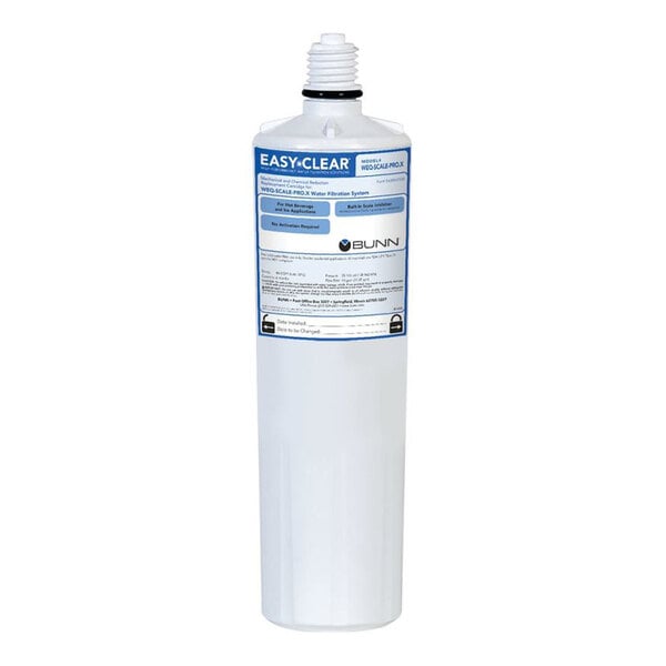 A white Bunn water filtration cartridge with a black and white label.