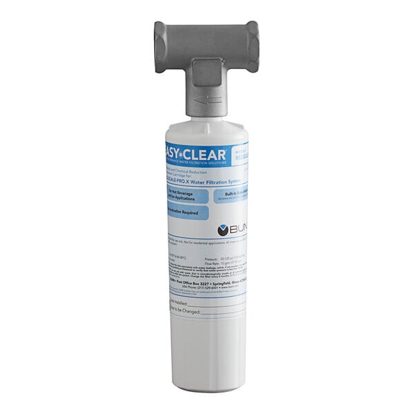 A white bottle of Bunn Single Water Filtration System with a grey label.