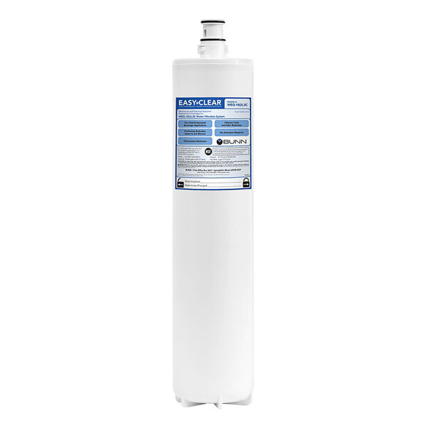 A white cylinder with a blue label reading "Bunn WEQ 56000.0128 Single Water Filtration Cartridge"