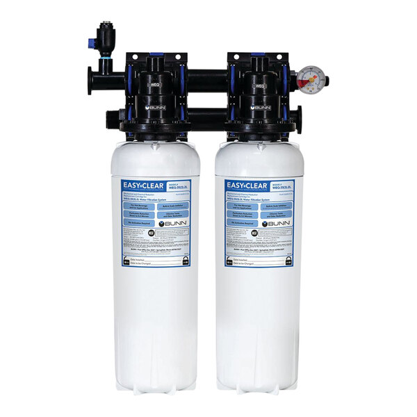 Two Bunn white plastic water filter containers with blue labels.