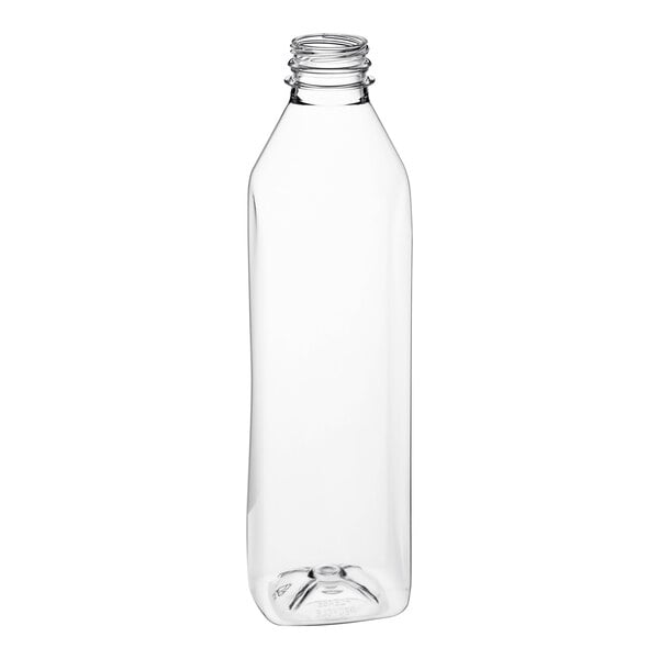 A clear plastic 32 oz. Tall Square Milkman bottle with a black lid.