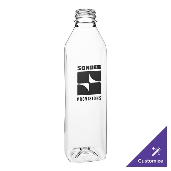 A clear plastic 32 oz. tall square bottle with black text.