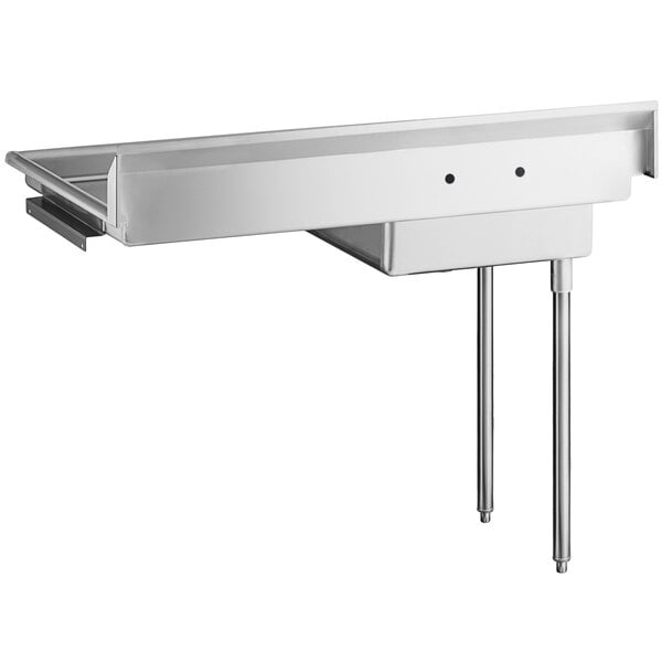 A stainless steel undercounter dishtable with a left-side sink and two supporting legs.