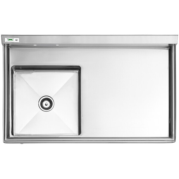 A stainless steel undercounter dishtable with a left-side sink and a large drainboard area.