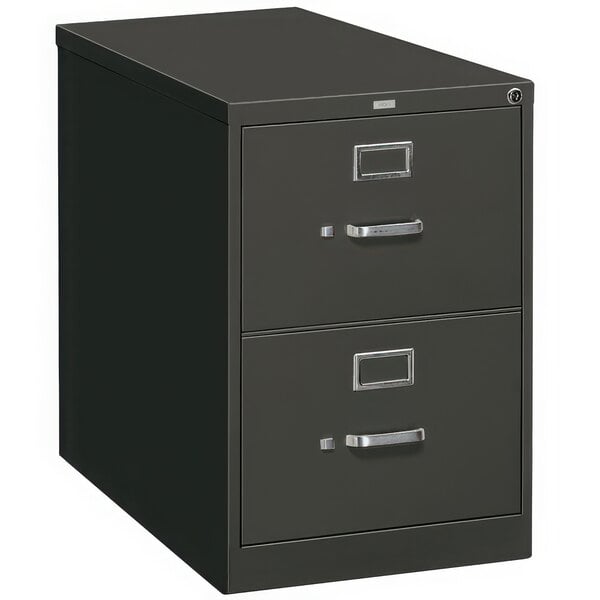 A black HON two-drawer filing cabinet with silver handles.