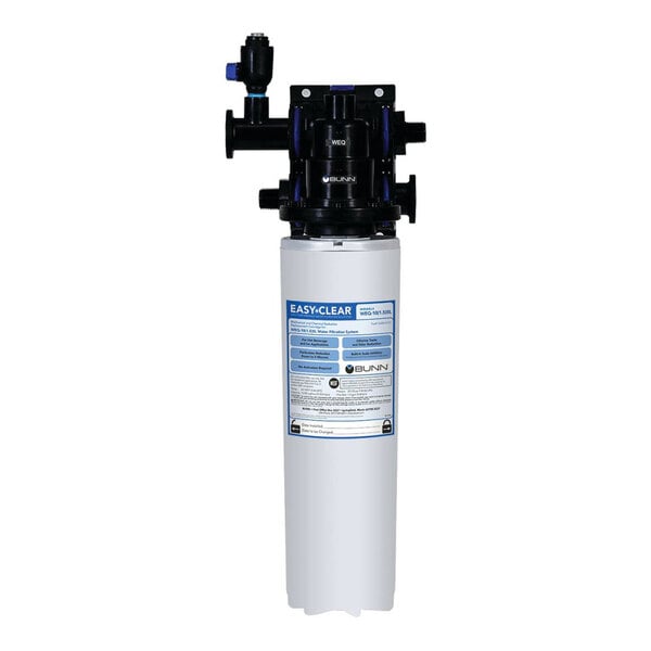 A white water filter canister with a black and blue handle.