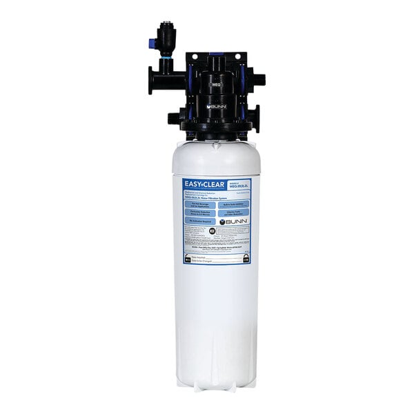 A white plastic Bunn water filtration system with blue and black caps.