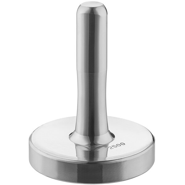 An Omcan stainless steel meat tenderizer with a round base.