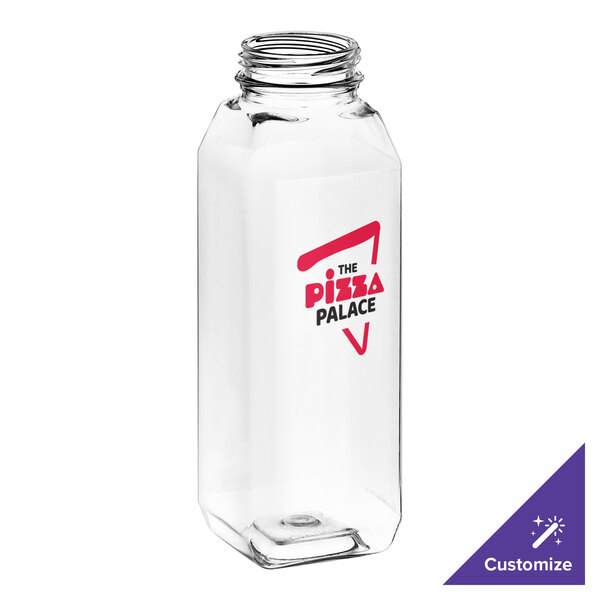 A customizable clear square PET bottle with a red logo on it.