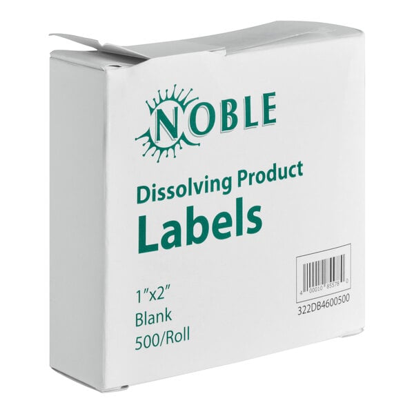 A box of Noble 1" x 2" blank dissolving product labels with a dispenser carton containing 500 labels per roll.