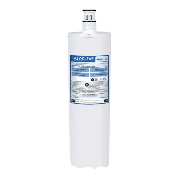 A white cylinder with a blue label reading "Bunn WEQ 56000.0122 Single Water Filtration Cartridge"