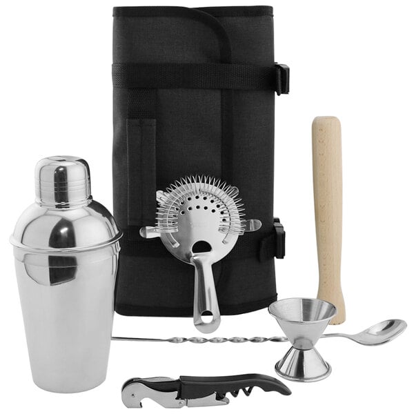 A Franmara Merit cocktail kit in a black roll-up case with silver bar tools.