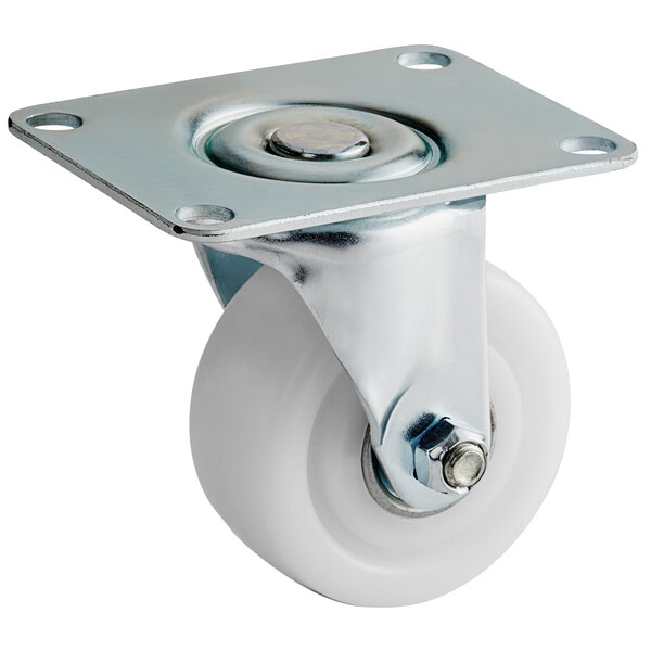 A Baker's Mark white swivel caster with a metal and white wheel.