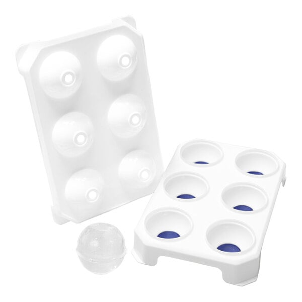 A white plastic tray with six round compartments and a matching lid, designed to make spherical ice cubes, with one clear ice sphere shown beside it.