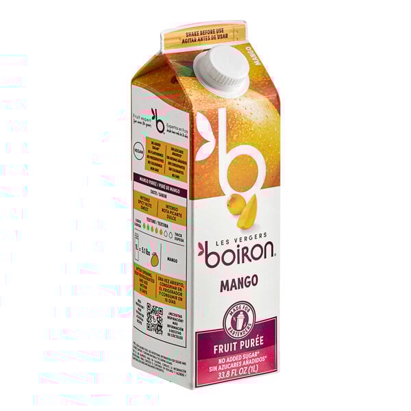 A carton of Les Vergers Boiron Mango 100% Fruit Puree with a white cap and box with text and images.