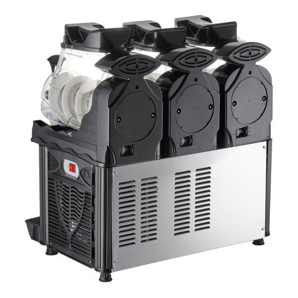 A Carnival King Triple Pourover Granita / Slushy / Frozen Beverage Dispenser with three compartments.