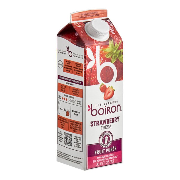 A carton of Les Vergers Boiron Strawberry 100% Fruit Puree juice with a label.