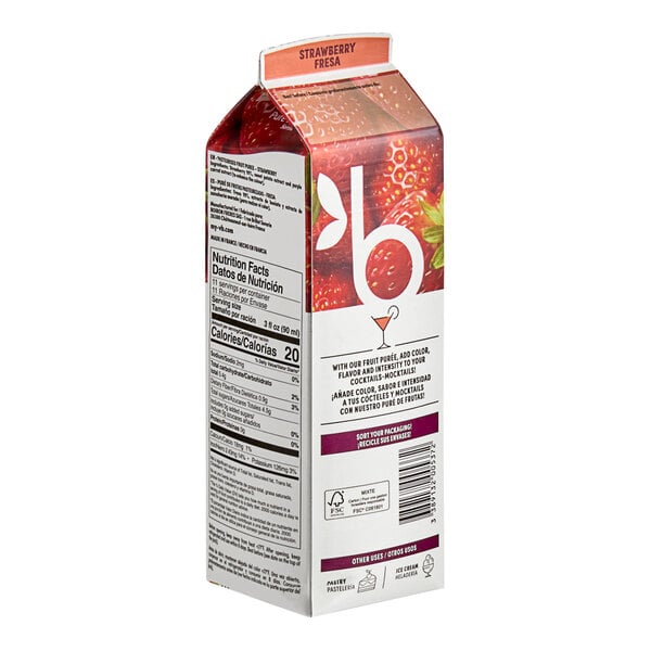 A carton of Les Vergers Boiron Strawberry 100% Fruit Puree with a label on it.