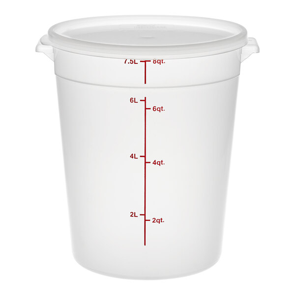 A white translucent Choice 8 quart round polypropylene food storage container with red measurement lines.
