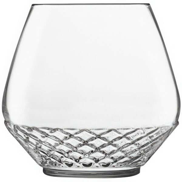 A clear Luigi Bormioli Roma rocks glass with a diamond pattern.