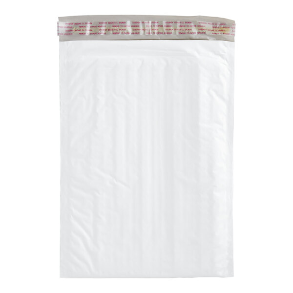 A white self-sealing polyethylene bubble mailer.