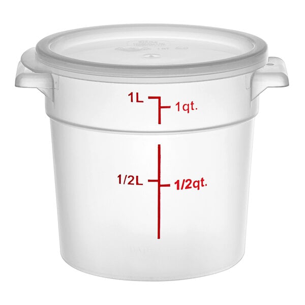 A translucent white plastic Choice food storage container with red measurements on the side.