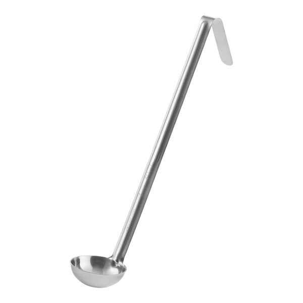 A stainless steel ladle with a long handle and a hooked end.
