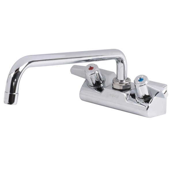 A chrome Equip by T&S wall mount faucet with 10 1/8" swing spout and lever handles.