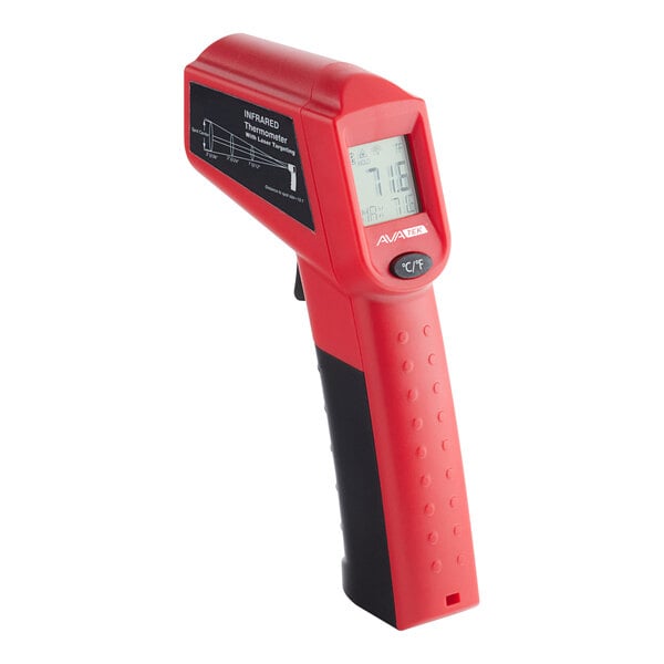 An infrared digital laser thermometer with a red and black handle and a display screen.