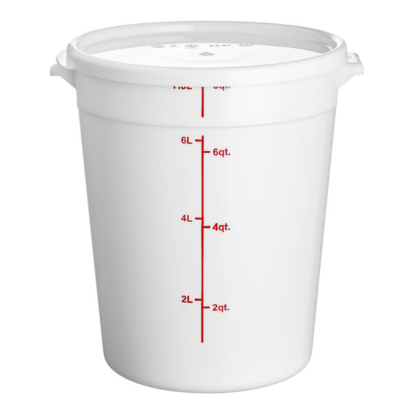A white Choice round plastic food storage container with measurements on it.