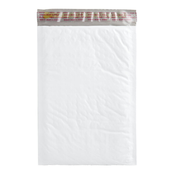 A white self-sealing polyethylene bubble mailer.