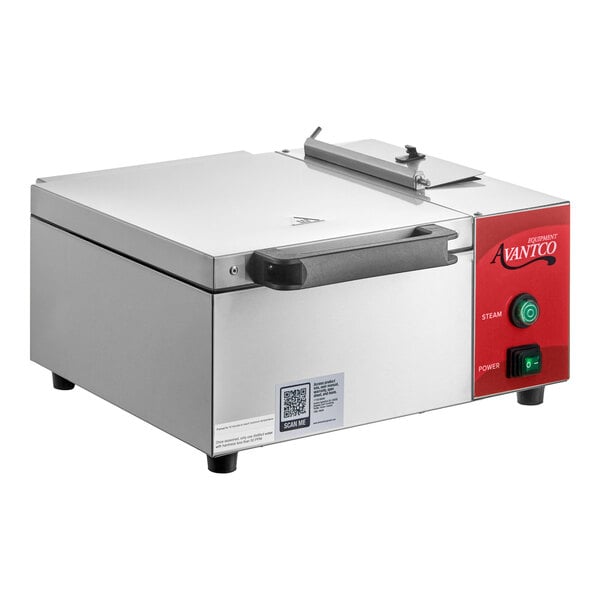 A stainless steel countertop tortilla and portion steamer with control buttons and a handle on the front.